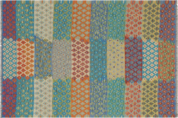 Flat Weave Kilim, Antique, Navaho, Vintage, Handmade, Modern Kilim Red Blue Hand-Woven Rectangle 100% Wool Area Rug 6 x 8